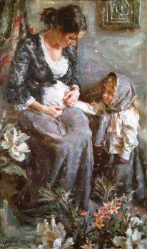 an oil painting of a woman and child sitting on a chair with flowers in front of them