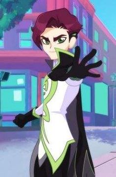 the animated character is dressed in black and white with her hands out to the side