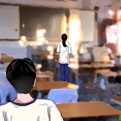 a boy standing in front of a classroom full of desks with one person wearing a white shirt and blue pants