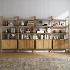 a living room with a book shelf and rug