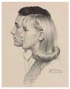 a drawing of a man and woman facing each other with their heads turned to the side