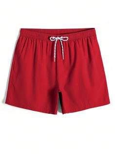 Men Solid Drawstring Waist Beach Shorts Swim Trunks Red Boho   Fabric Plain Bottoms Non-Stretch  Men Clothing, size features are:Bust: ,Length: ,Sleeve Length: Swim Short Men, Red Short Swim Trunks For Beach, Swimming Shorts Men, Red Short Swim Trunks, Red Swim Trunks With Built-in Shorts For Poolside, Red Beachwear Swim Trunks With Built-in Shorts, Red Swim Trunks With Built-in Shorts, Swimsuit With Shorts, Red Beach