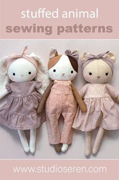 handmade bunny, cat and bear doll made with studio seren sewing patterns Christmas Rag Quilts, Cat Sewing, Animal Sewing Patterns, Art Dolls Cloth, Bunny Doll