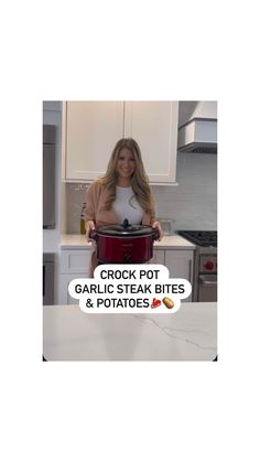 a woman holding a pot with the words crock pot garnished bites and potatoes on it