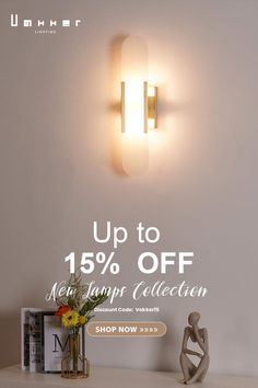 a white table with a lamp on it and a sign that says up to 15 % off next steps collection