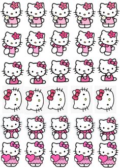 a bunch of hello kitty stickers that are all different colors and sizes, with pink bows