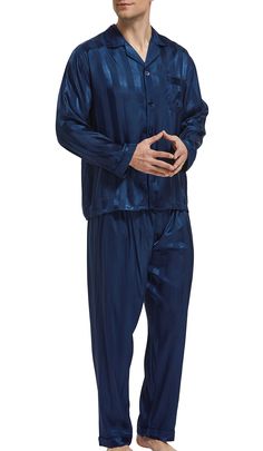 PRICES MAY VARY. High Quality Satin Poly Men's Pajama Set Nicely tailored Satin Pajama Set with one front pocket on chest Light weight material with silky feel for comfy night sleep. Great gift for family or friend. New dark colored fabric will lose floating color from its surface, especially black. We suggest you wash your new satin products before wearing. If possible, please use neutral detergent to wash, soap or alkaline detergent may increase fading. Wash separately or with like color, wash Men’s Pjs, Mens Pajamas Aesthetic, Satin Products, Nye 2025, Pijama Satin, Mens Silk Pajamas, Blue Pajamas, Illustration Studio, Satin Pajama Set