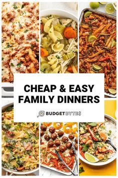 a collage of images with the words cheap and easy family dinners on them