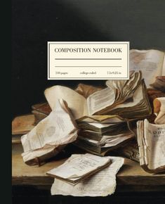 the composition notebook is full of books and papers on a wooden table with a black background