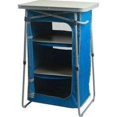 a blue and white folding shelf with two shelves on it's sides, against a white background