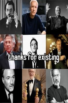 many different pictures with the words thanks for existing on one side and an image of two men holding oscars