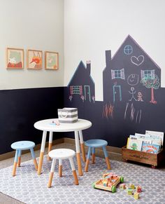 a child's playroom with chalkboard walls and wooden stools on the floor