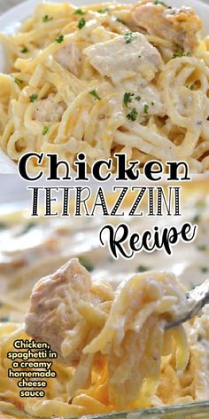 chicken tetrazzini recipe in a glass casserole dish