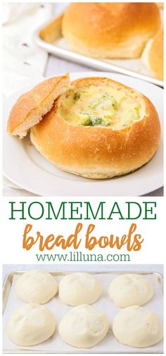 homemade bread bowls with broccoli and cheese in the middle on a white plate