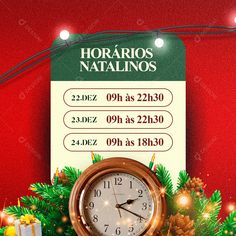 a poster with a clock and christmas decorations on the table in front of a red wall