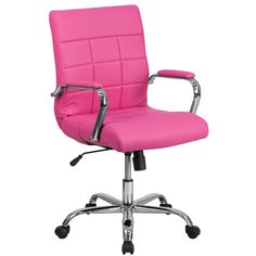 pink office chair with chrome base and arms