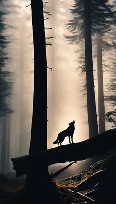 a lone wolf standing on a fallen tree in the forest at night with fog and sun shining through the trees