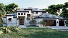 a white house with two garages and palm trees