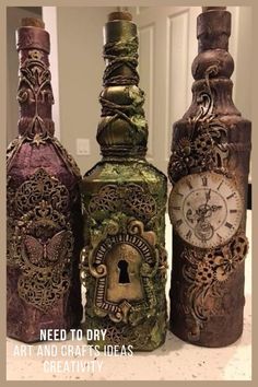 three bottles with different designs on them and the words need to dry art and crafts ideas creativity