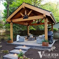 an outdoor gazebo with steps leading up to it and the words, you dream it - we design it vulcann design