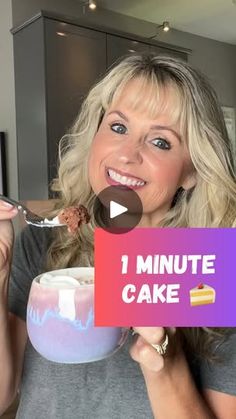 a woman holding a bowl with cake in it and eating one minute cake on the plate