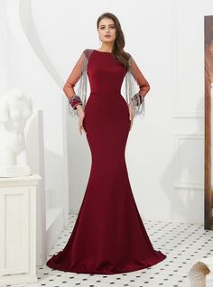 Silhouette:mermaidHemline:floor lengthNeckline:scoopFabric:satinShown Color:burgundySleeve Style:long sleeveBack Style:zipper upEmbellishment:beading Long Sleeve Prom Dress Mermaid, Burgundy Prom, Gorgeous Prom Dresses, Prom Dresses With Pockets, Long Sleeve Prom, Beaded Prom Dress, Prom Dresses Online, Satin Prom Dress