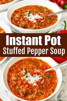 instant pot stuffed pepper soup in white bowls