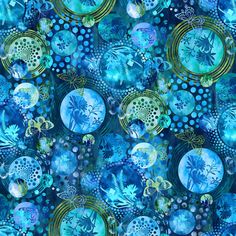 a blue and green background with circles, flowers, and bubbles on it's surface