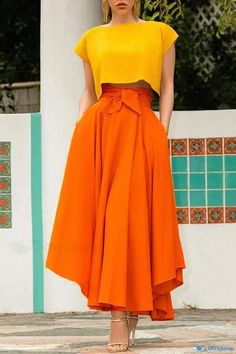 Orcajump - Sleek Solid Color Flared Belted Midi Skirt Belted Midi Skirt, Irregular Skirt, Cloth Belt, Midi Skirt, Sleek, Solid Color, Skirt, Orange, Clothes