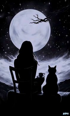 a woman sitting at a table with a cat in front of her and a full moon behind her