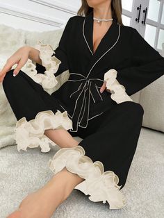 Contrast Color 3D Floral Decor Women Pajama Set Black     Colorblock,Plain Pant Sets Slight Stretch All,Fall/Winter Women Sleep & Lounge, size features are:Bust: ,Length: ,Sleeve Length: