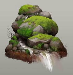 a digital painting of rocks and water with moss growing on them in the foreground