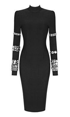 Black Long Sleeve Midi Dress, Embellished Midi Dress, Bandage Midi Dress, Spandex Top, Cocktail Event, High Neck Long Sleeve, Body Sculpting