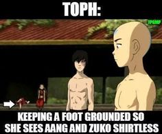 an anime scene with the caption toph keeping a foot grounded so she sees anger and zuo shitties