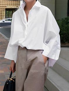 Long Sleeves Loose Solid Color Lapel Collar Blouses & Shirts Tops WHITE-XL Long Sleeve Loose Blouse, White Collared Blouse, Korean Fashion Black, White Long Sleeves, The Office Shirts, Cropped Shirt, Black And White Blouse, Simple Shirts, Collars For Women