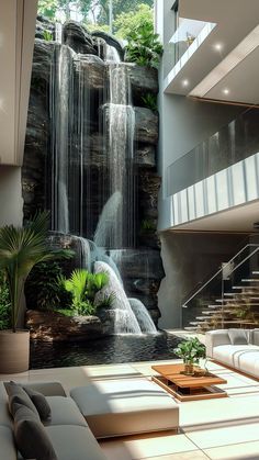 a living room filled with furniture and a waterfall