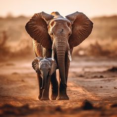 an adult elephant and baby elephant walking down a dirt road in the desert at sunset