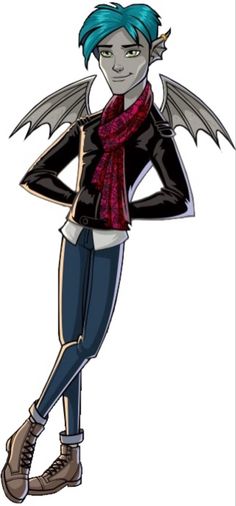 a cartoon girl with blue hair and black jacket, standing in front of white background