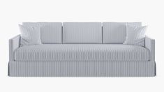 a blue and white striped couch with pillows on it's back end, against a white background