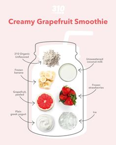 the ingredients for a creamy grapefruit smoothie on a white tray with pink background