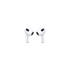 two airpods sitting side by side in front of a white background with black dots