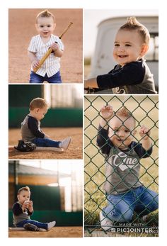 a collage of four photos with a little boy holding a baseball bat