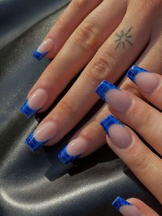 #nails #frenchtipnails #blue Blue French Tip Nails Long Square, Blue Design French Tip Nails, Nail Ideas Designs Summer, Blue Cool Nails, Beachy Square Nails, Blue French Tip Summer Nails, Blue Festival Nails, Nails 2024 Coffin, Summer Nails 2024 Blue