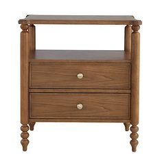 a wooden night stand with two drawers on one side and an open drawer on the other