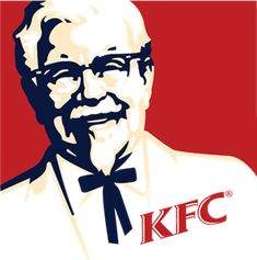 an old man with glasses and a bow tie in front of a kfc logo