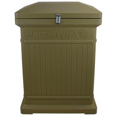 a green plastic trash can with the words parkwood written on it