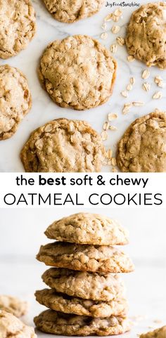 the best soft and chewy oatmeal cookies are stacked on top of each other