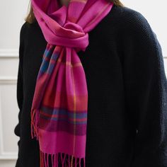 We're pretty sure the best part of winter is the accessories! This deliciously soft merino scarf is the perfect addition to any ensemble. Hot Pink Scarf, Colorful Textiles, Cashmere Shawl, Pink Scarves, Cheque Design, Showroom Design, Saved Items, Heritage Brands, Cashmere Scarf