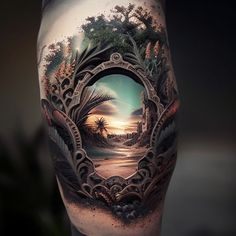 a man's leg with an image of a landscape and trees on the side