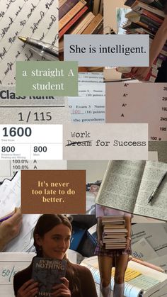 a collage of books and papers with words written on them, including one woman holding a book